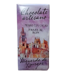 CHOCOLATE ARTESANO NEGRO 72% CACAO PASAS AL RON